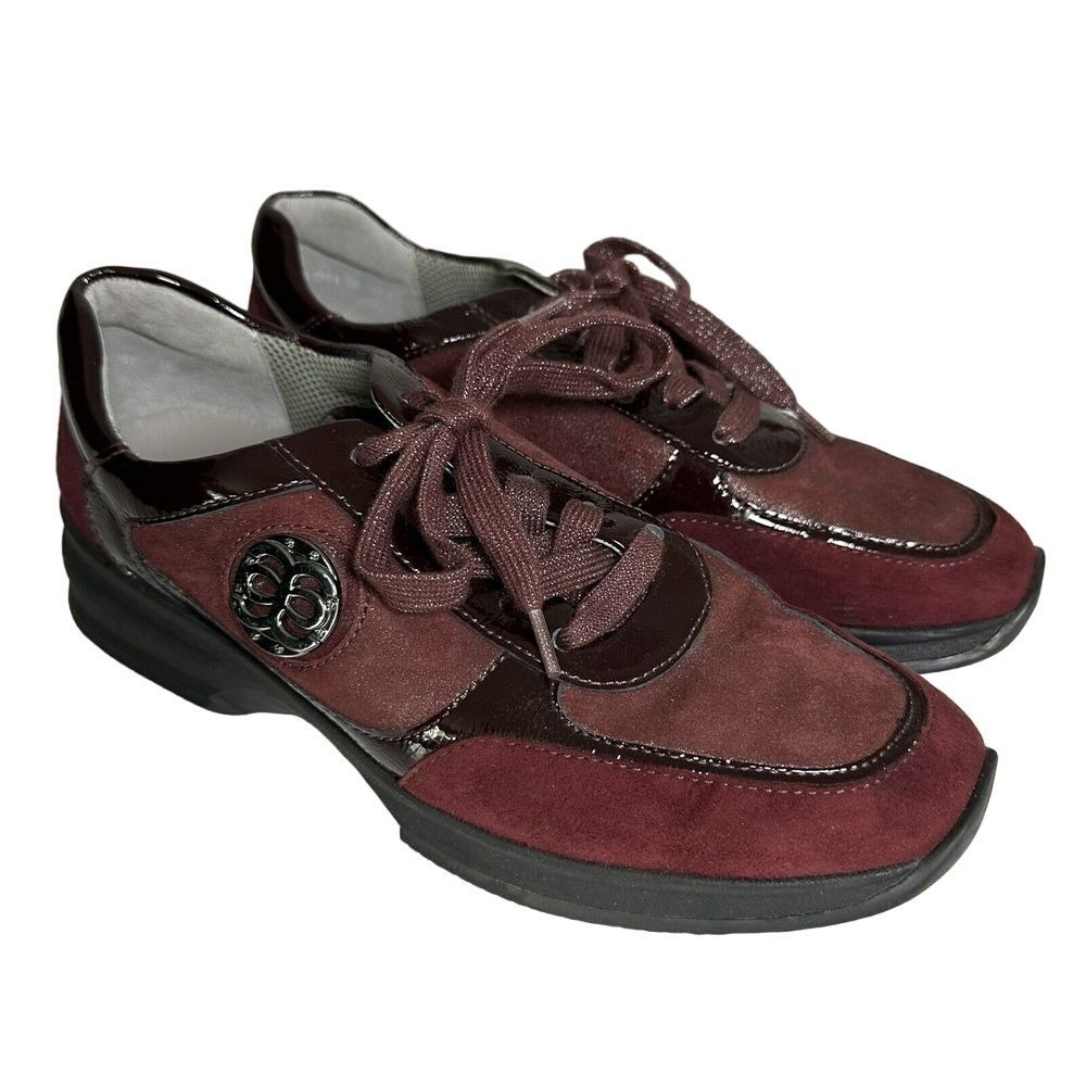 NWOB Ara 5.5 Sneakers Burgundy Suede Patent Leather Lace Up Walking Shoes